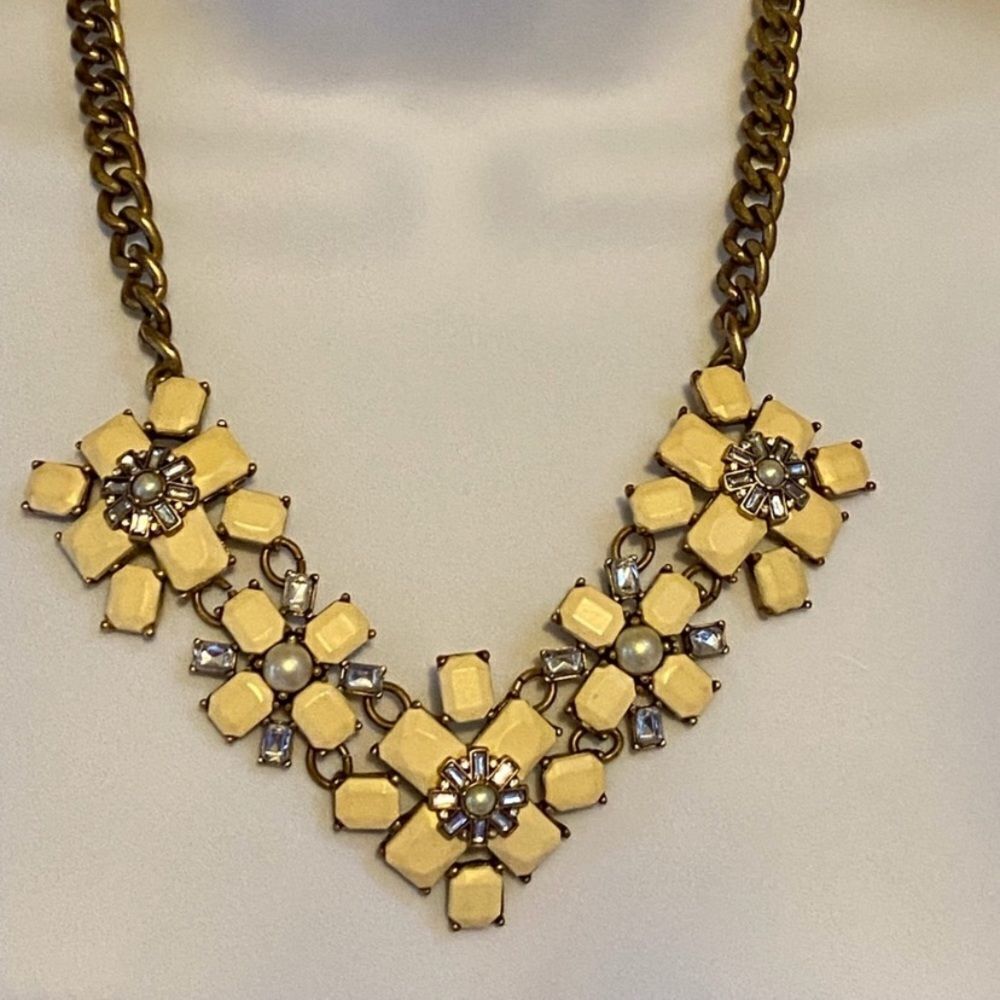 Cream Floral Crystal Bib Statement Necklace Antique Gold Tone